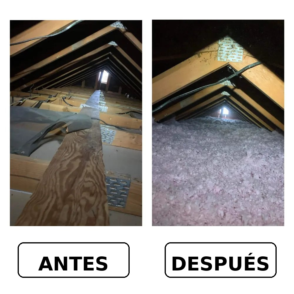 Comparación en buhardilla antes y después del insuflado de lana de vidrio